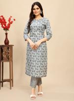 Pure Cotton Grey Casual Wear Printed Readymade Kurta Trouser Set